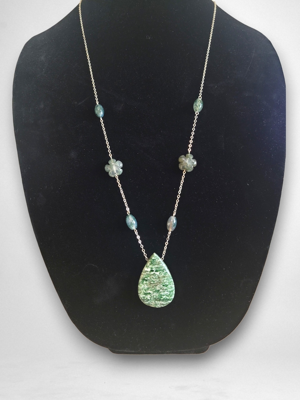 Hand Crafted Green Tree Agate Teardrop Pendant Necklace With Moss Agate 39" Long
